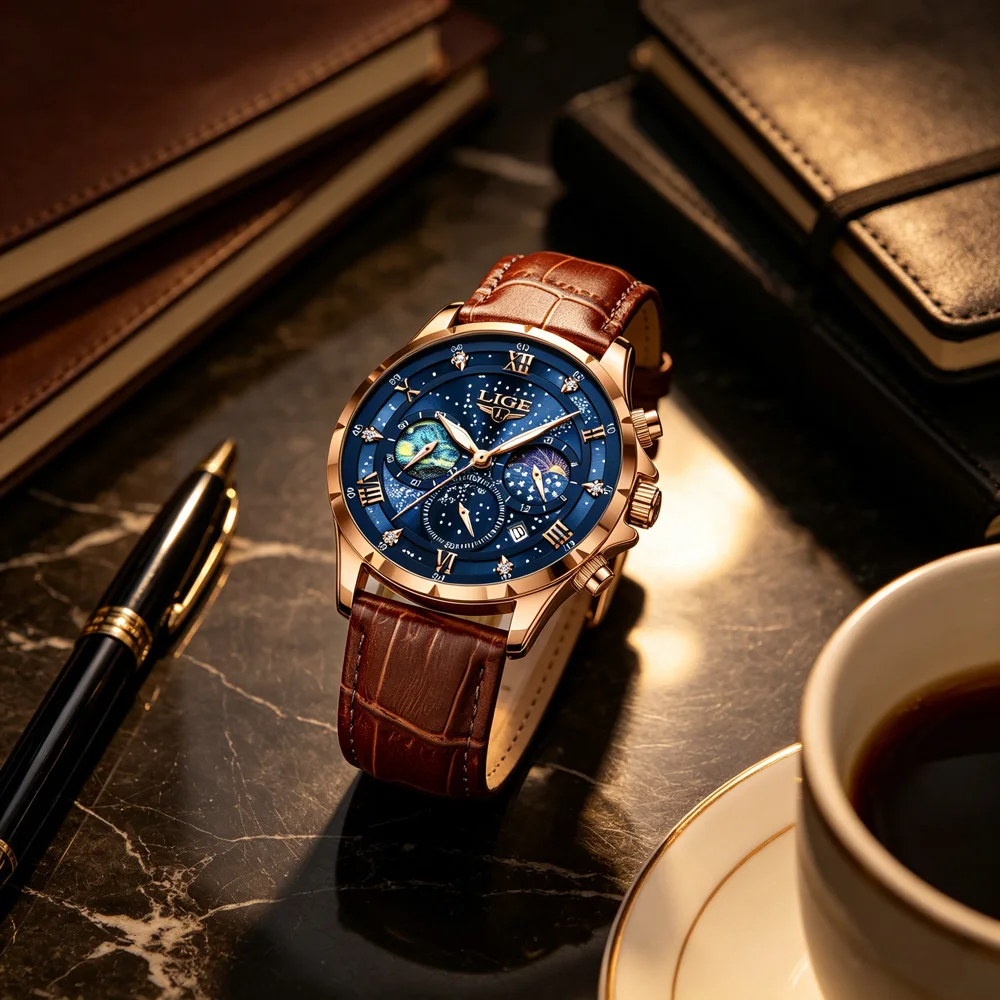 LIGE Men Watch Super Luminous Moon Phase Quartz Man Wristwatch Business Leather Watches Mens Date Creative Starry Night Dial Clock