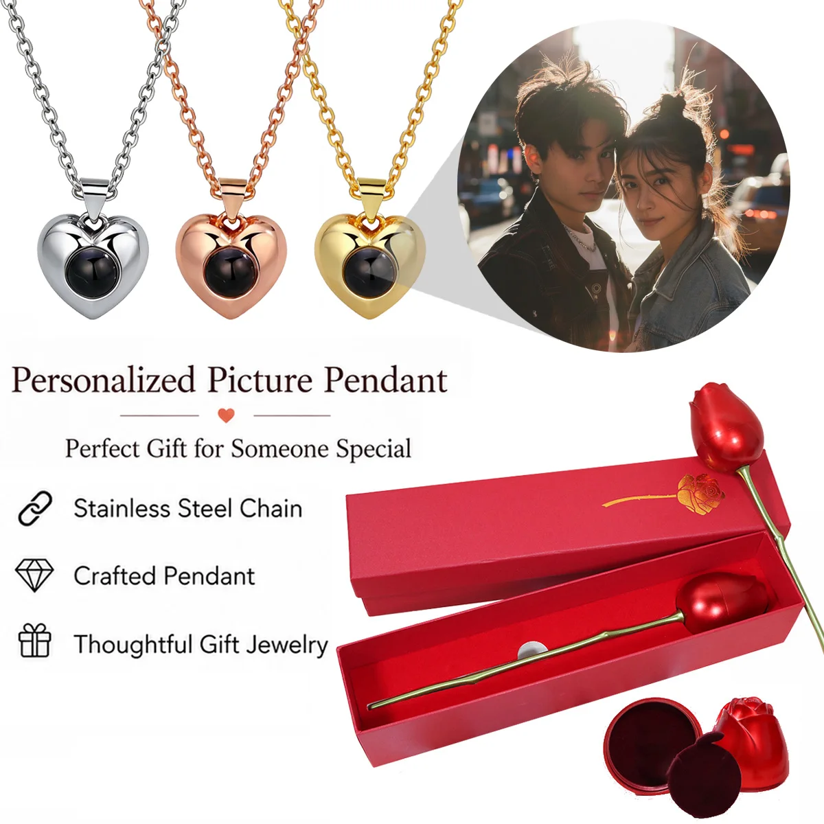 Custom Photo Projection Heart Necklace Rose Gift Box Stainless Steel Chain Mother's Day Valentine's Birthday For Women Mom Wife