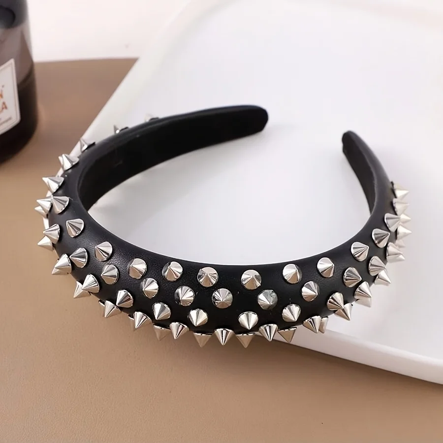 1 solid color PU leather fashionable cool rivet headband, simple and versatile high-quality sweet street style hair accessory