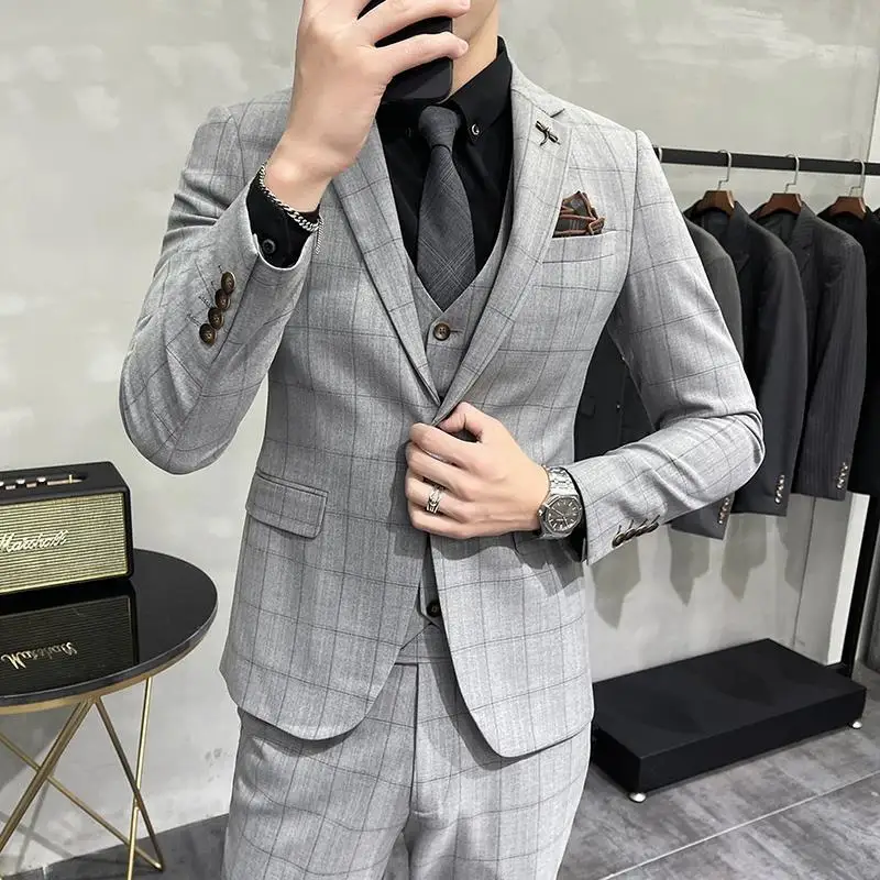 

Elegante Mens 2 Piece Set Suits One Button Slim Fit Luxury Style Wedding Youth Business Casual Formal Plaid