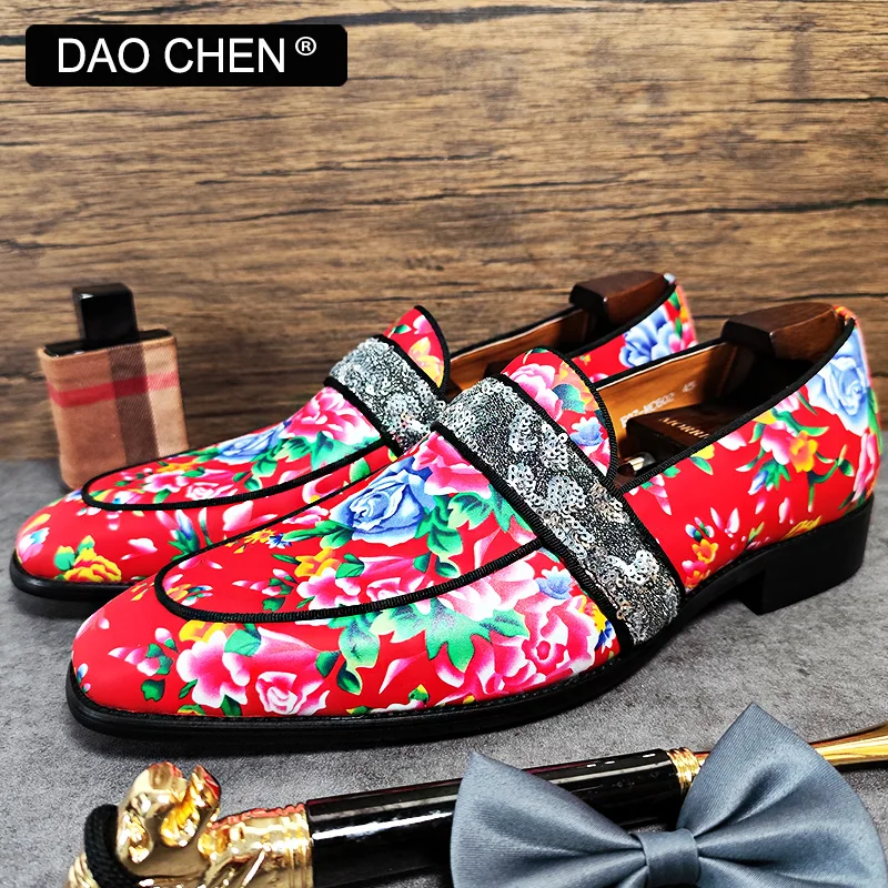 LUXURY BRAND MEN'S LOAFERS BIG FLOWER PRINT CASUAL MENS DRESS RED SHOES WEDDING PARTY JOYFUL BANQUET LEATHER SHOES MEN