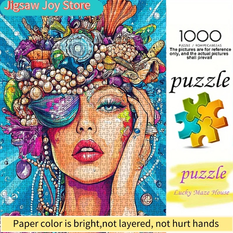 

1000pcs Paper Puzzle Featuring an Ocean Girl, Shells, And Pearls, with Exquisite Illustrations Made from High-Quality White Ca