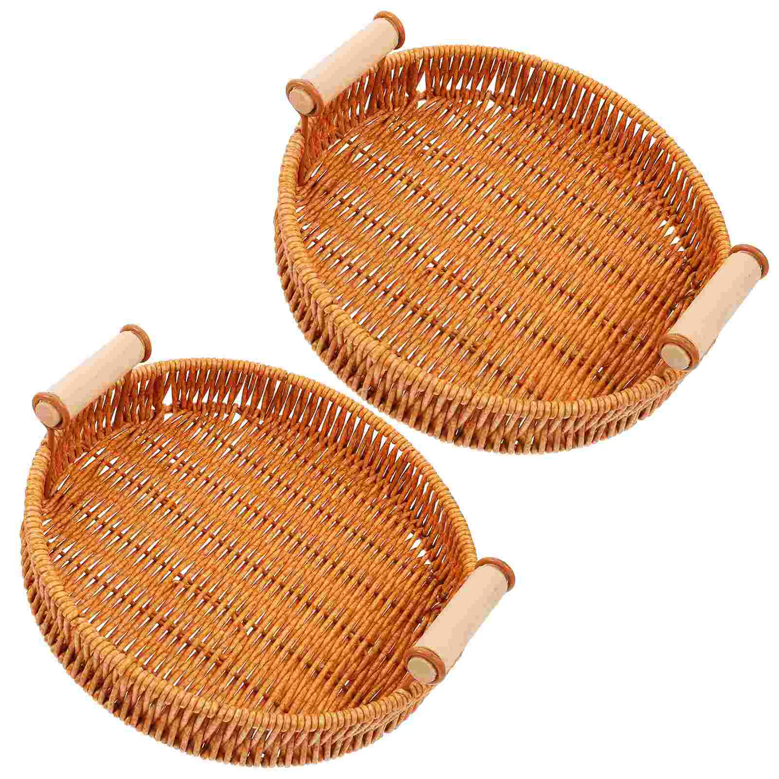 

2 Pcs Rattan Fruit Bowl Round Tray Baskets Bread Serving Decorative Kitchen for