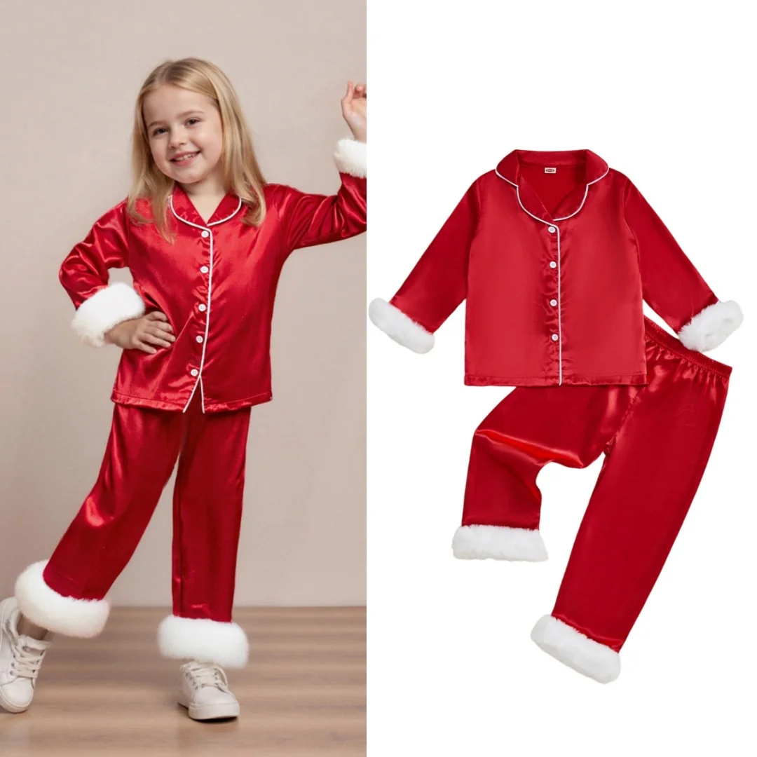 0-9Y Christmas Pajamas Sets for Kids Girl Boy Long Sleeve Button Down Tops with Elastic Waist Pants Nightwear Sleepwear 2Pcs