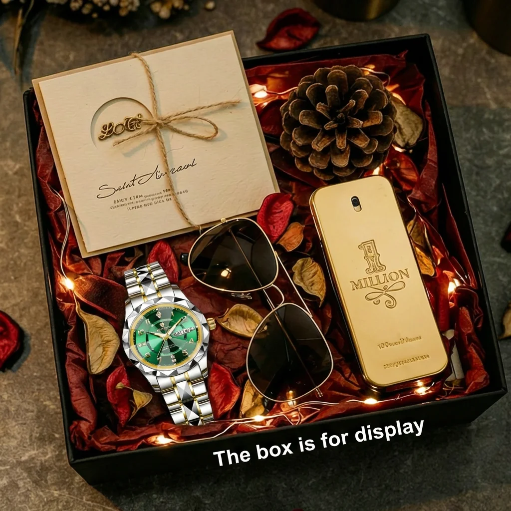 4pcs Women's Green Dial Two-Tone Gold Silver Metal Elegant Diamond Accents Sunglasses Perfume Quartz Watch Gift Box Set Birthday