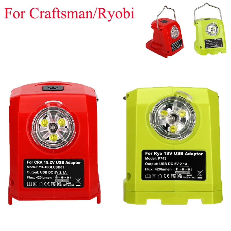 

Portable LED Flashlight Dual USB Ports and Hook Compatible with For Ryobi/Craftsman 18V Lithium Batteries 420 Lumens Work Light