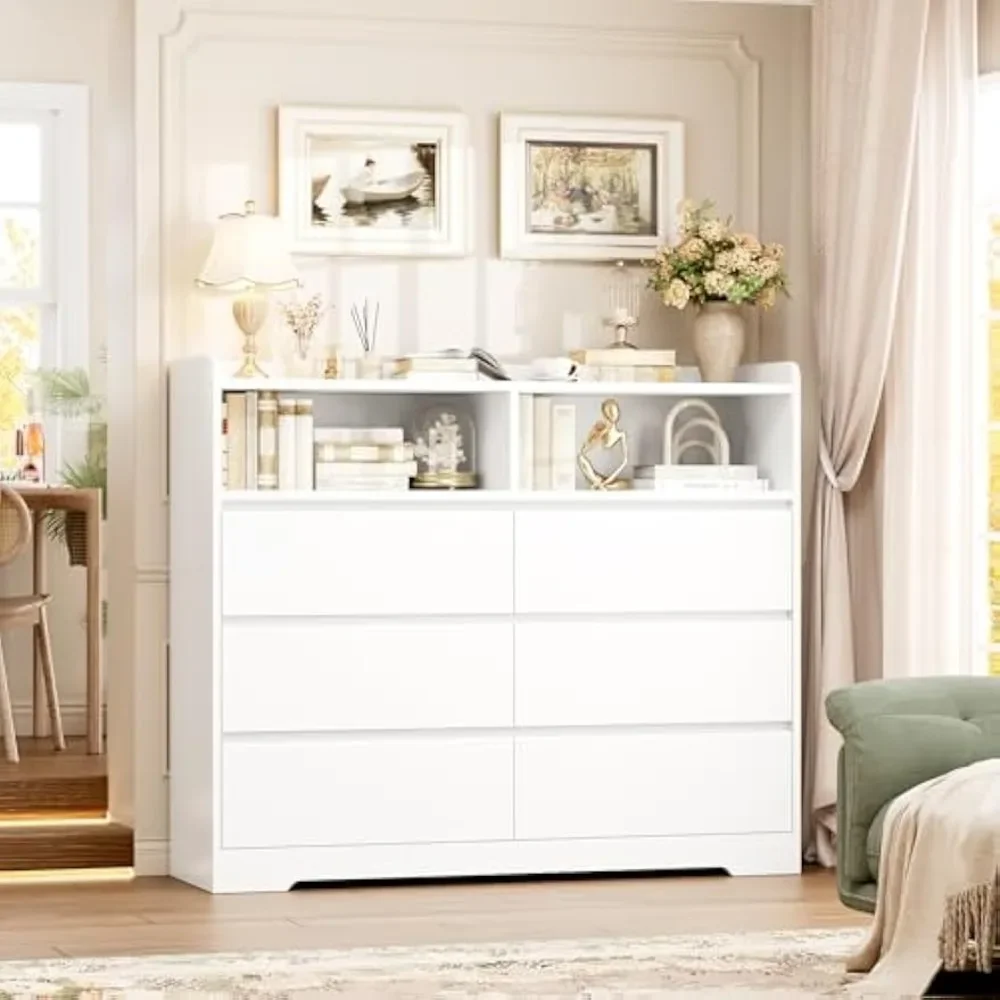 

White Dresser, 47.2" White Modern Chest of Drawers with 2 Open Cabinets, Handless Design Dresser with 6 Drawers, Wood Dressers