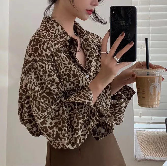 Retro Hong Kong Sle Women's Loose Leopard Print irt Spring Autumn New Faion Slimming Trendy  Collar Button up