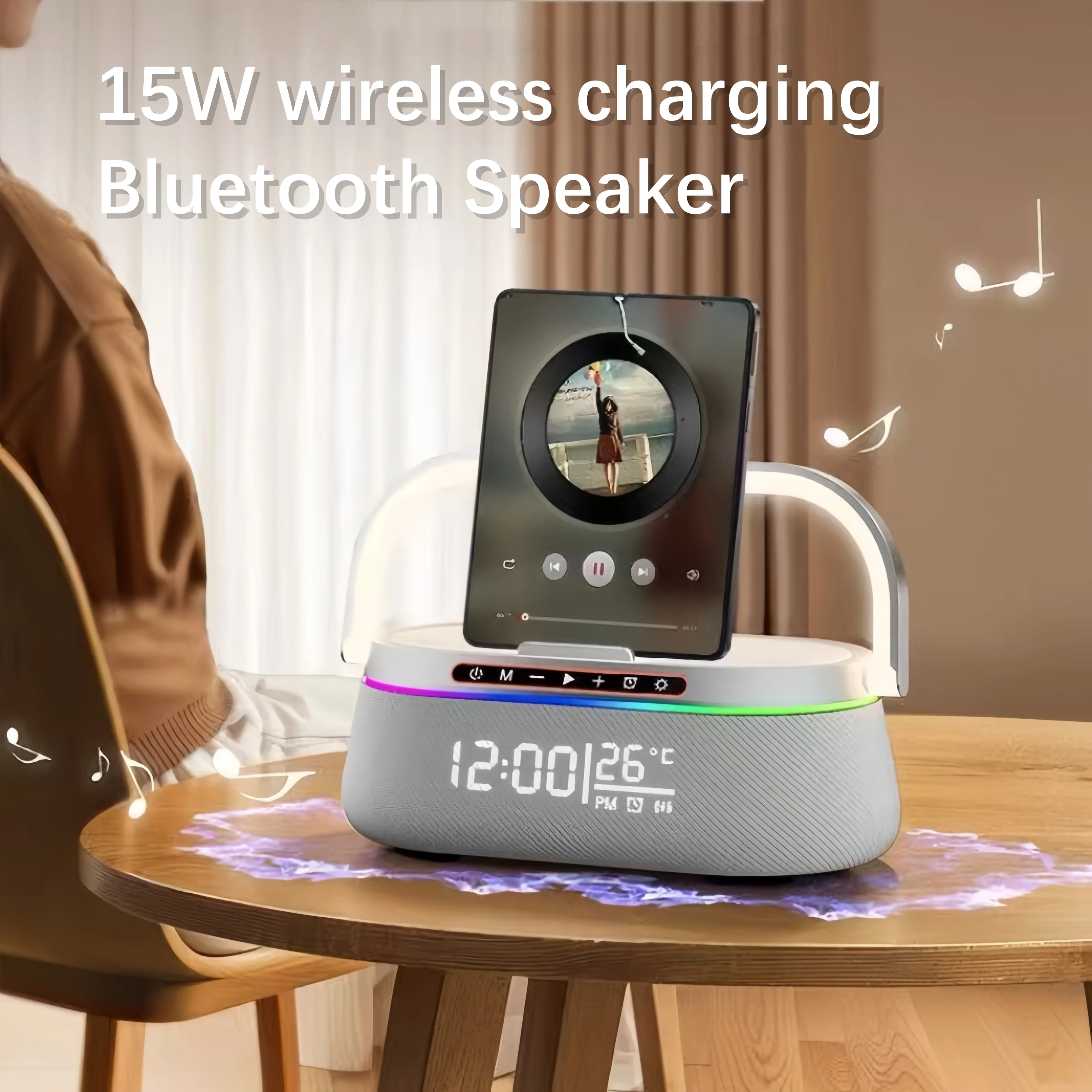 Novo despertador led recarregável com carregador sem fio de 15w, alto-falantes bluetooth e função de luz noturna ideias para presentes para decoração