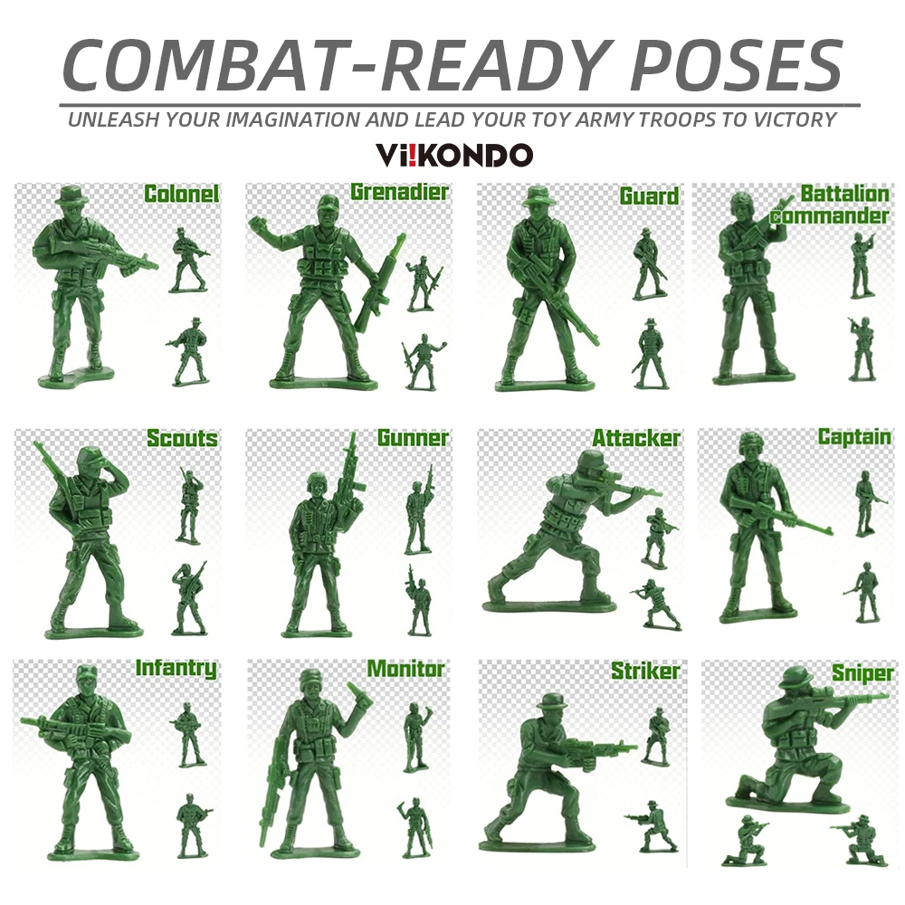 ViiKONDO Army Men zabawka figurka zielony plastikowy żołnierz 12 pozuje Tan Guy Military US Flag UK work 50 szt. Prezent dla dziecka do gier wojennych