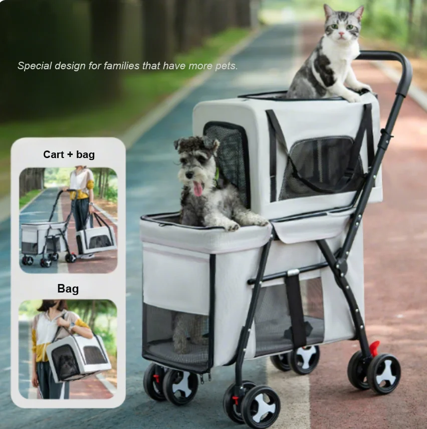 

STLFPortable Double-Layer Pet Stroller for Small and Medium Dogs/Cats Detachable Lightweight Oxford Material Carrier for Travel