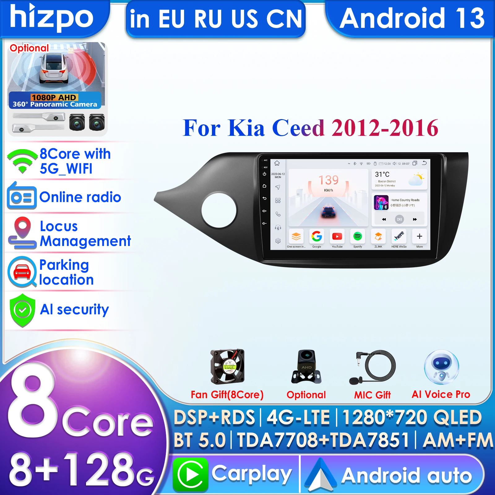 Hizpo AI Voice 2 Din Android Auto Radio for KIA Cee'd JD 2012 - 2016 CEED Sportswagon Carplay Car Multimedia GPS 2din Autoradio