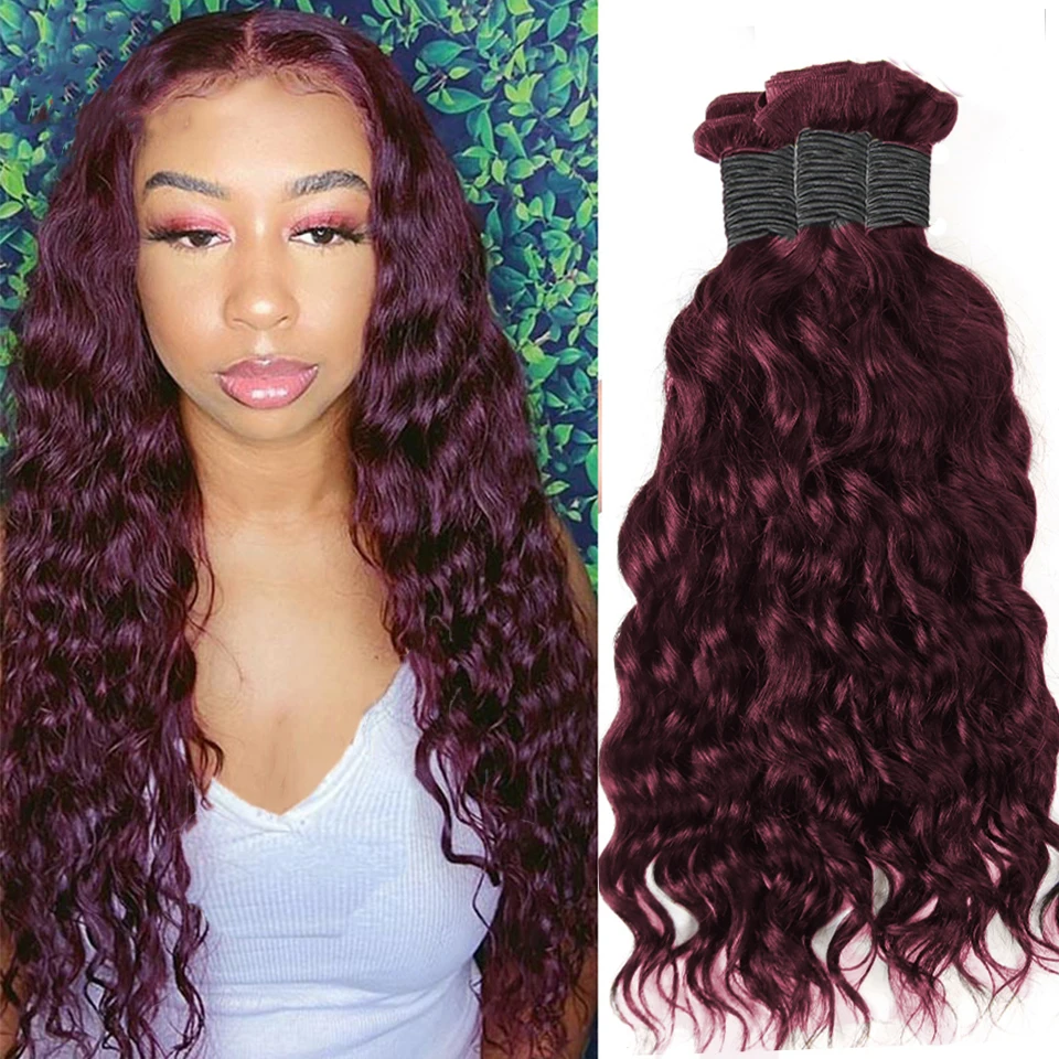 99j Natural Wave Brazilian Human Hair Bundles Burgundy Red Water Deep Hair Weave Bundles 1/3/4 PCS Bundle Deals Hair Extensions