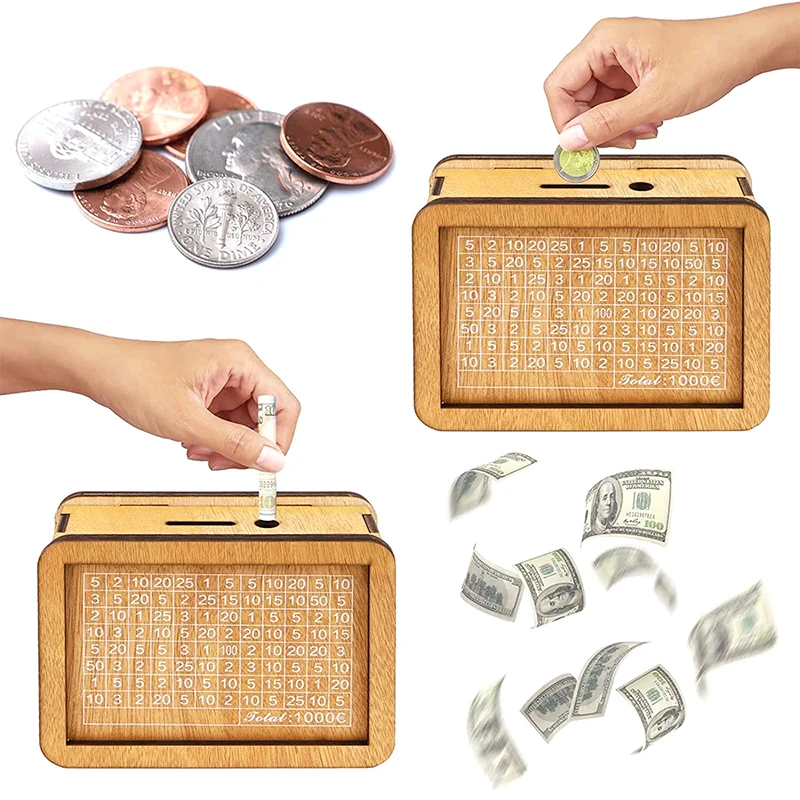 Wooden Money Saving Box Money Storage Bank with Saving Money Goals Counter Reusable Handmade Piggy Bank Coin Tray Storage Case