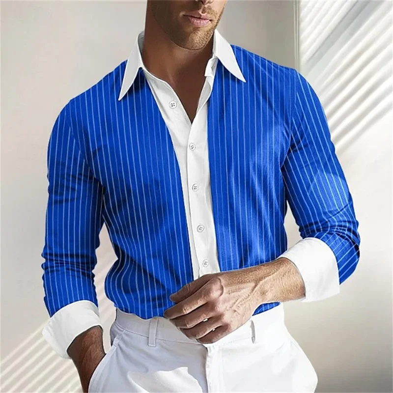 

Fashionable men's tops T-shirt striped plaid blue button-down shirt popular new style hot sale soft and comfortable plus size