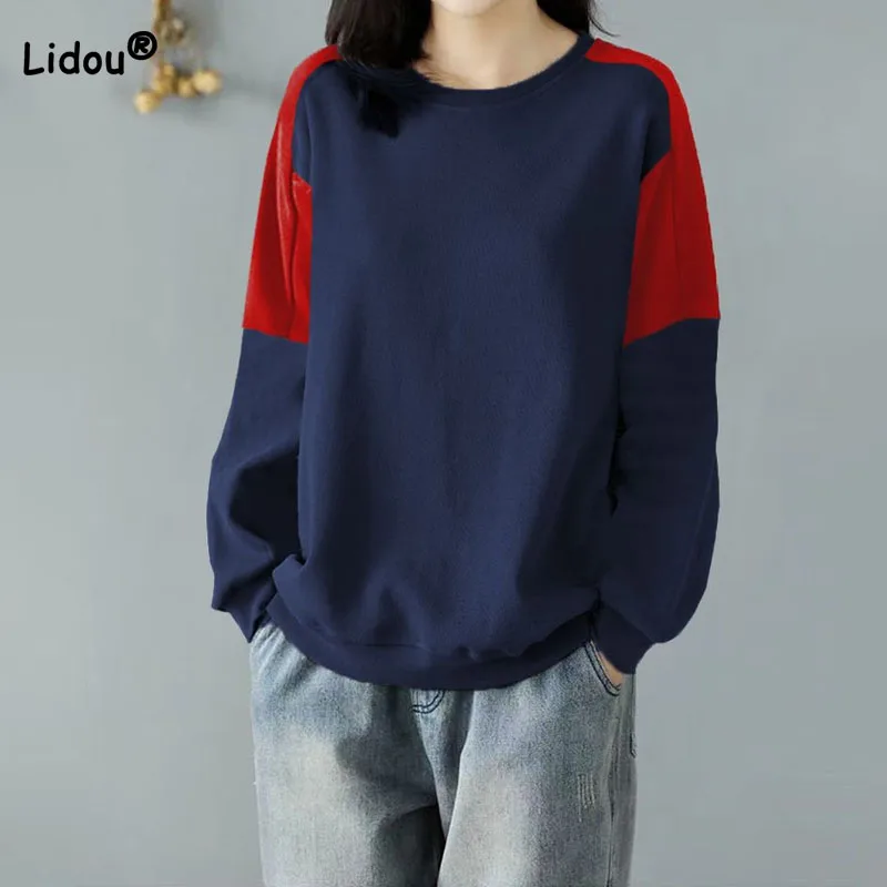 

Women's Patchwork Contrast Color Sweatshirts Autumn Winter Vintage Long Sleeve Casual Round Neck Pullovers Tops Female Clothing