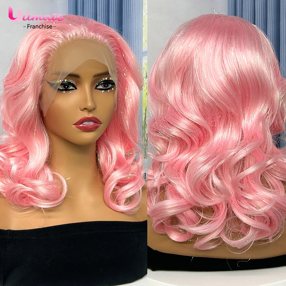 Body Wave Pink Lace Frontal Synthetic Wigs Short Bob Wig Lace Front HD Transparent Lace Wig with Highlight for Women Cosplay Wig