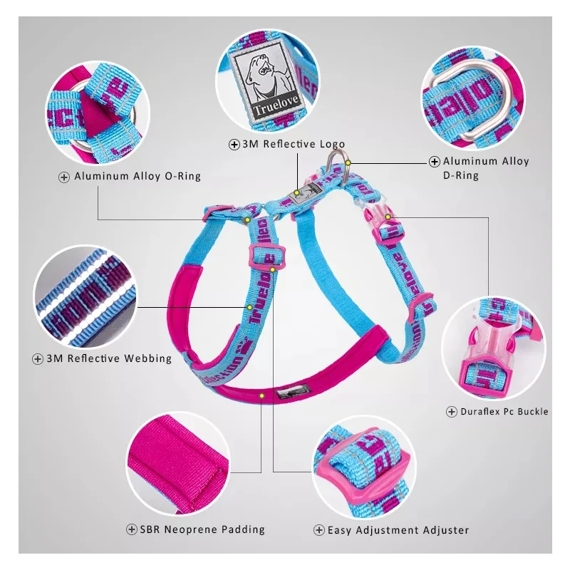 Truelove 반려동물 하네스 나일론 소프트 원단 당김 방지, 섬유 로프 포함, 3M 반사, 대형 중형 및 소형 개 하네스 TLH6371