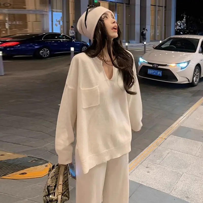 V-neck Knitted Cardigan Set Women's Autumn Winter New Korean Version Loose Thin Lazy Style Fashion Wide-leg Pants Two-piece Set