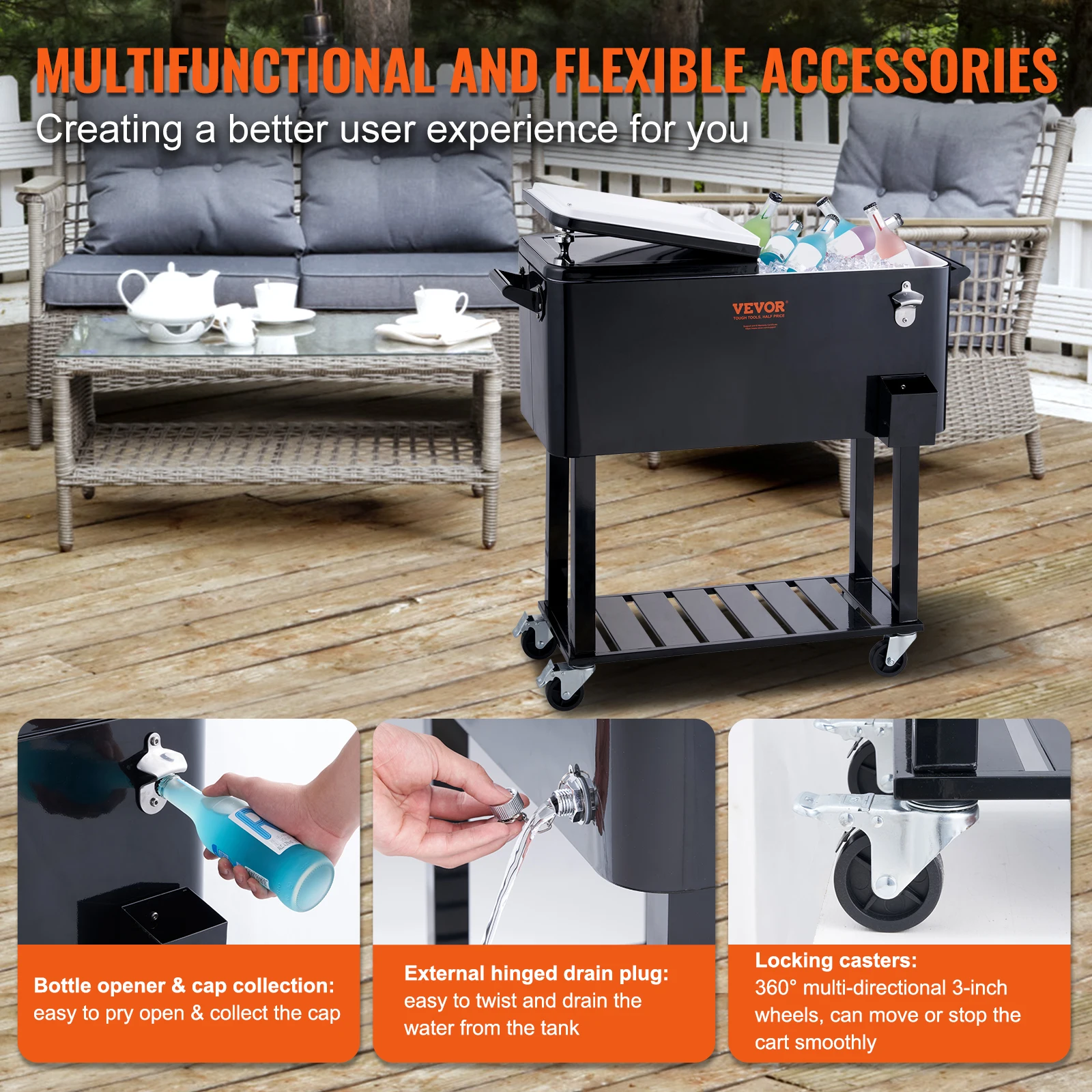 VEVOR 80 Quart Rolling Ice Chest Cooler Cart Portable Bar Drink Cooler Beverage Bar Stand Up Cooler for Patio Backyard