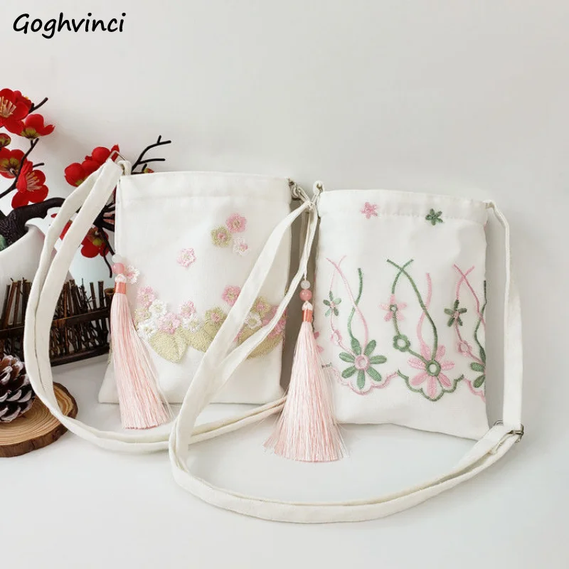 Floral Embroidery Canvas Crossbody Bags Women Zipper Simple Shoulder All-match Tassel Handbags Mori-girls Retro Chinese Style