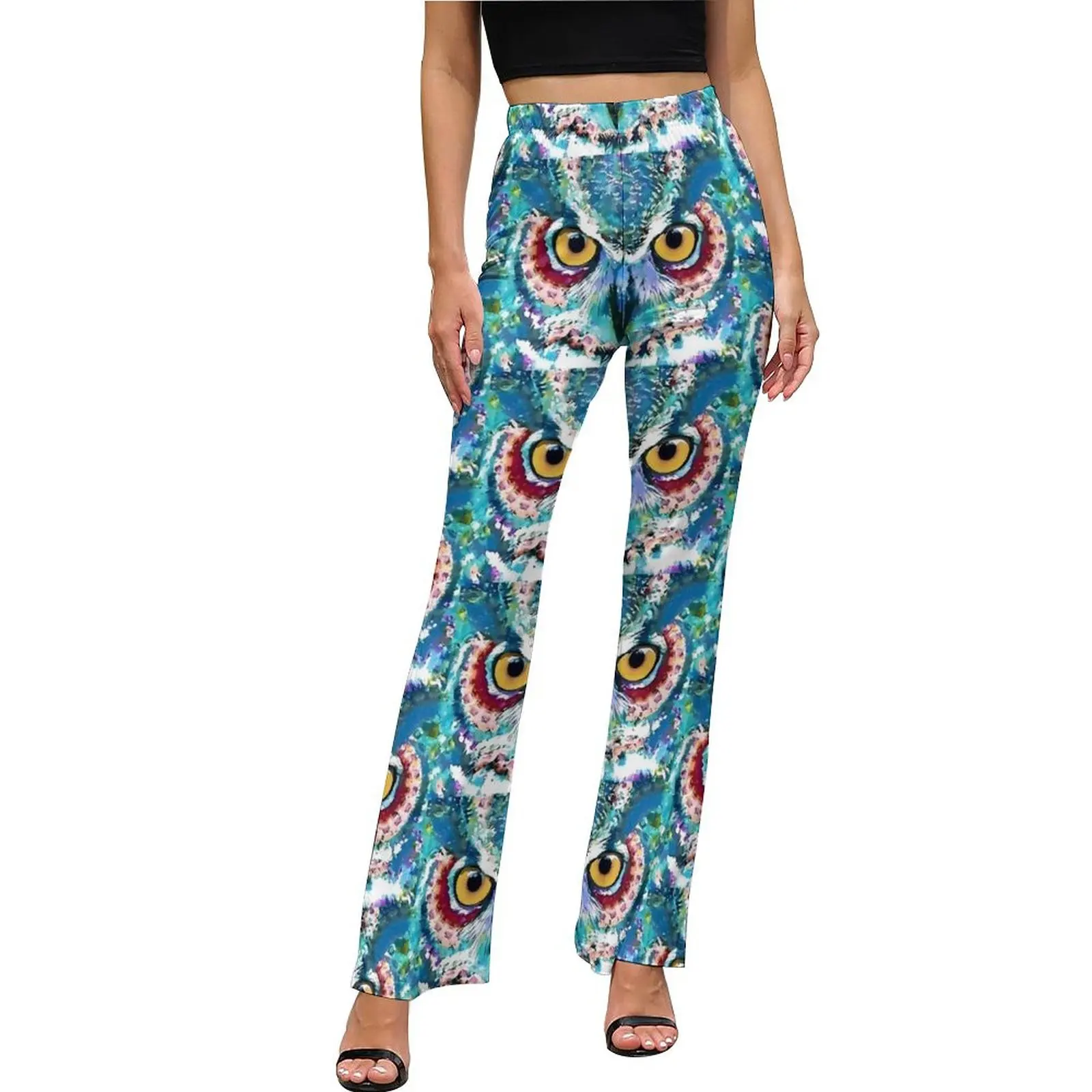 Colorful Bold Owl Art Casual Pants Female Birds Print Slim Aesthetic Flare Pants Summer Office Printed Trousers