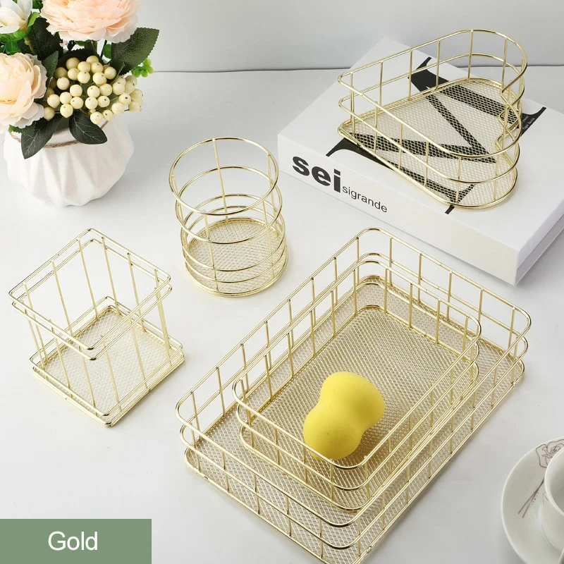 Nordic Gold/Rose Metal Iron Storage Basket Desktop Sundries Organizer Rack Cosmetics Makeup Brushes Holder Jewelry Storage Box