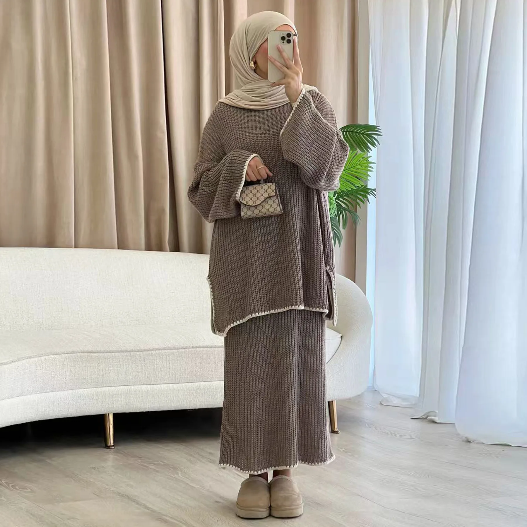 Eid Donna Gonna maglione lavorato a maglia Set da 2 pezzi Set musulmani Top e gonna lunga Ramadan Dubai Musulman Ensembles Abiti arabi marocco