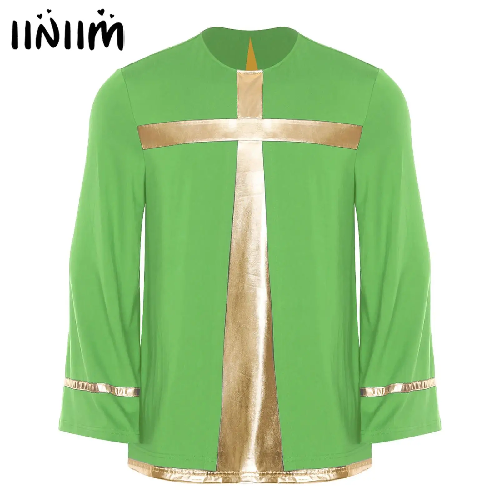 

Mens Liturgical Worship Dance Top Metallic Shiny Long Sleeve Pullover Tunic Shirt Praise Dance Church Choir Performance Costume