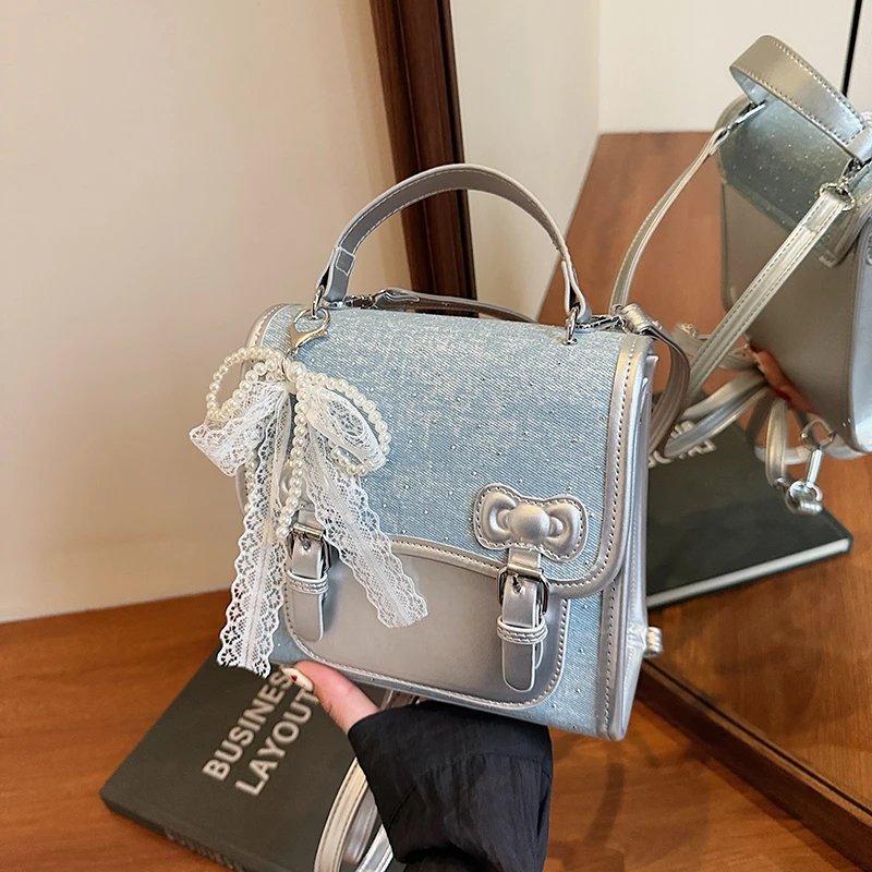 

Korean Style Casual Fashion Backbag Small Square Bag Silver Handbag Vintage Jean Blue Pu Leather Flap Shoulder Messenger Bag