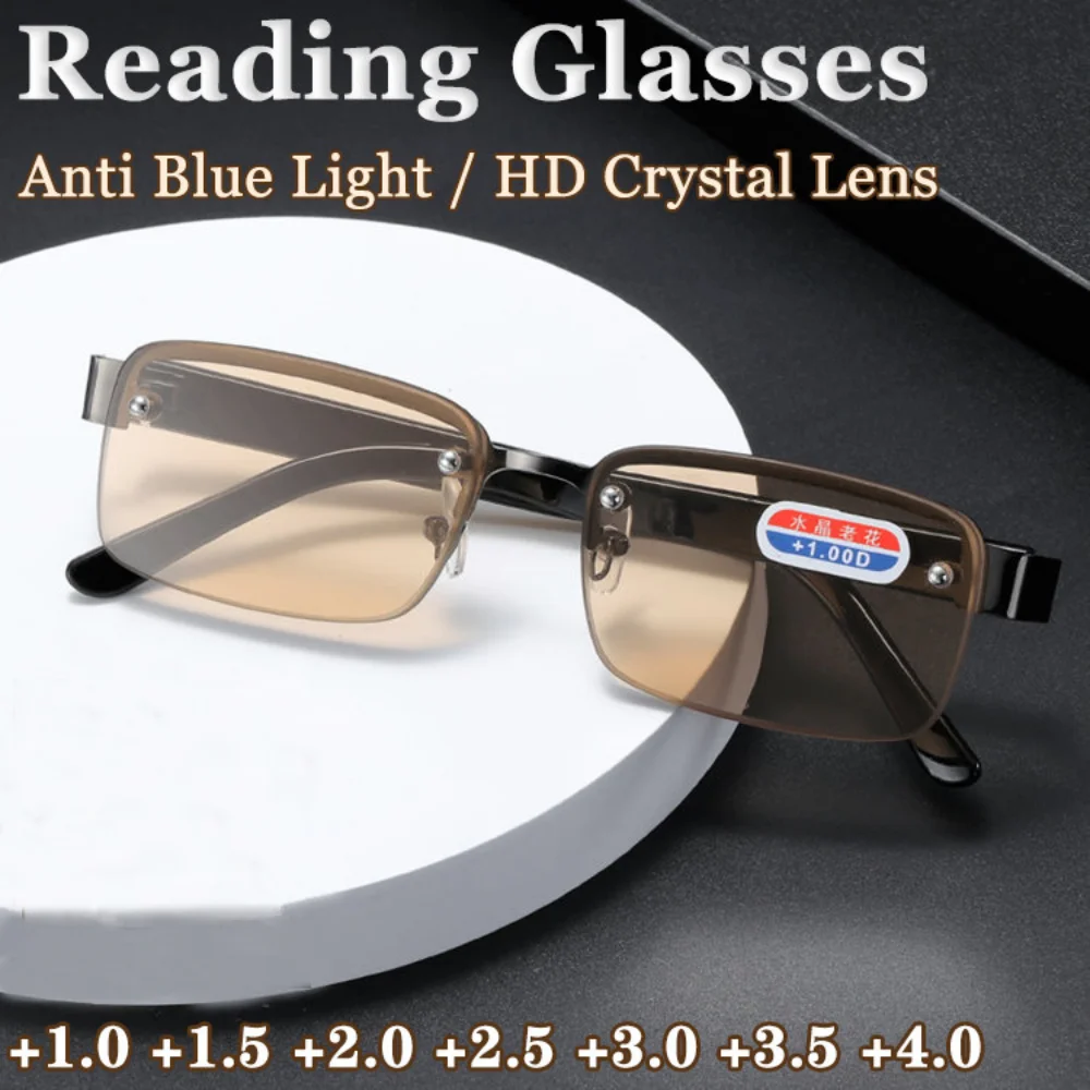 

FG +100 to +400 Half-Rim Reading Glasses Men and Women Crystal Glass Lens Presbyopia Glasses With Grade