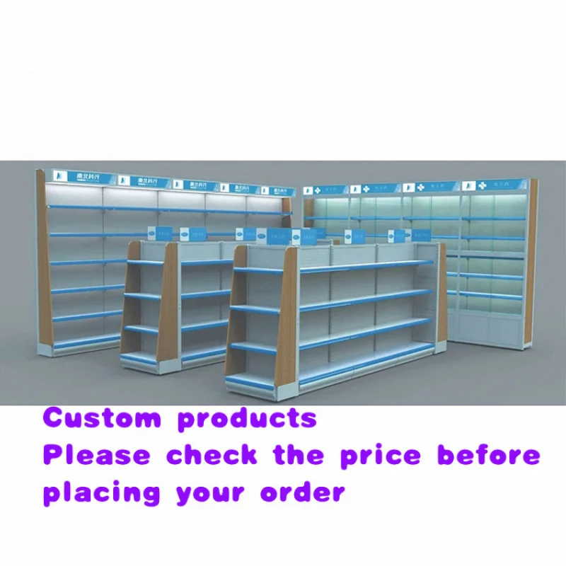 custom.Freestanding Single Sided Multi-Layer Steel Wooden Drugstore Retail Pharmacy Display Shelves