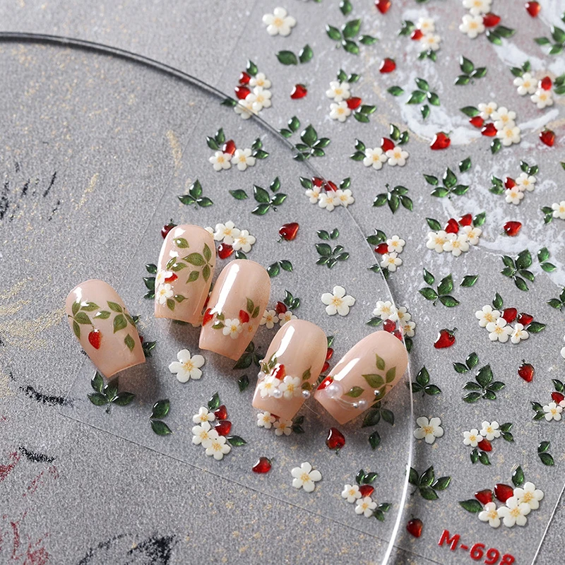 Delicate Chic 5D Nail Sticker White Flower Jelly Green Leaves Red Fruits Lily Gardenia Self Adhesive Nail Slider Manicure Design