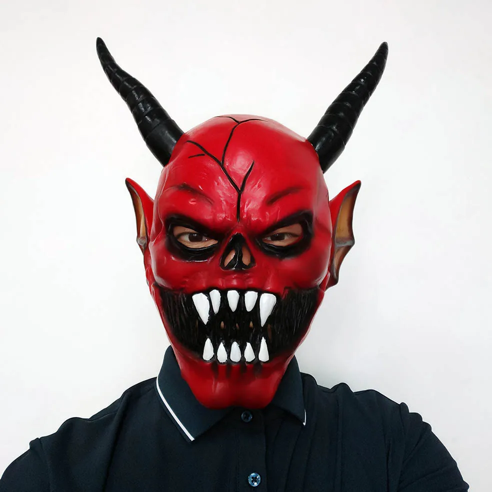 Roter Teufel Dämon Latex Vollkopfmaske für Erwachsene Gruselige Horror-Cosplay-Maske mit Hörnern Halloween-Party Kostüm-Requisiten – Detail 1