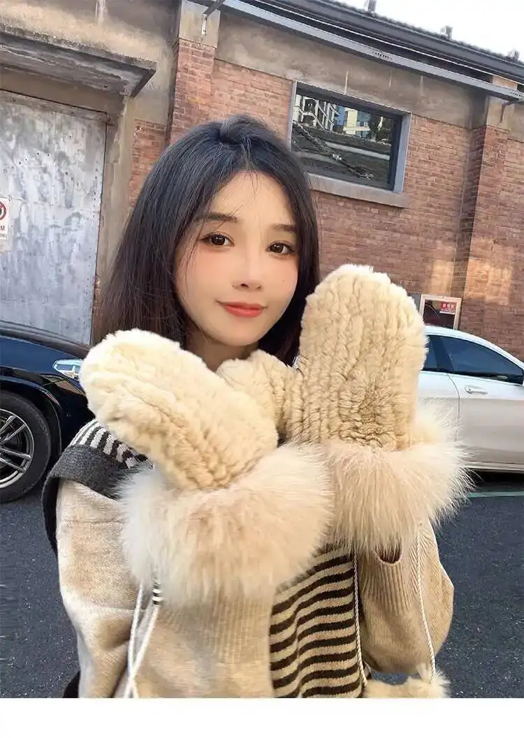 Real Rex Rabbit Fur Gloves For Women Winter Plush Thickened Warm Real Fur Gloves Handmade Knitted Fur Gloves Keep Warm Mittens