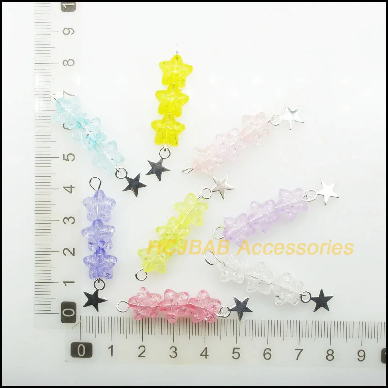 16Pcs Silver Plated Star Drop Mixed Popcorn Acrylic Star Charms Pendants 11x44mm