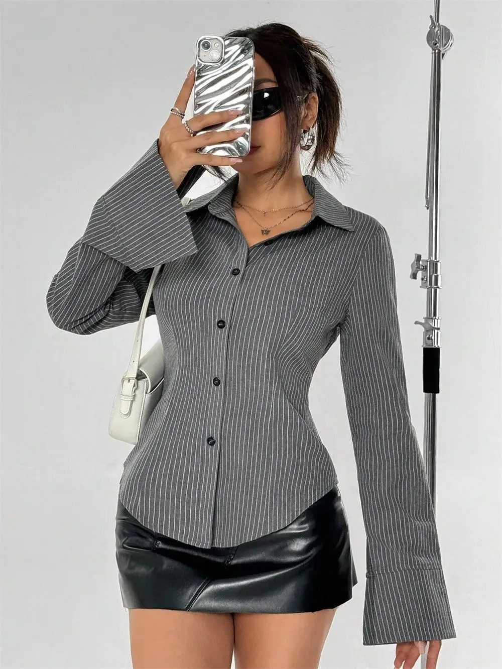 European American Style Women Striped Long Sleeve Button Shirt 2026 New Casual Fashion Open Front Cardigan Blouse Tops