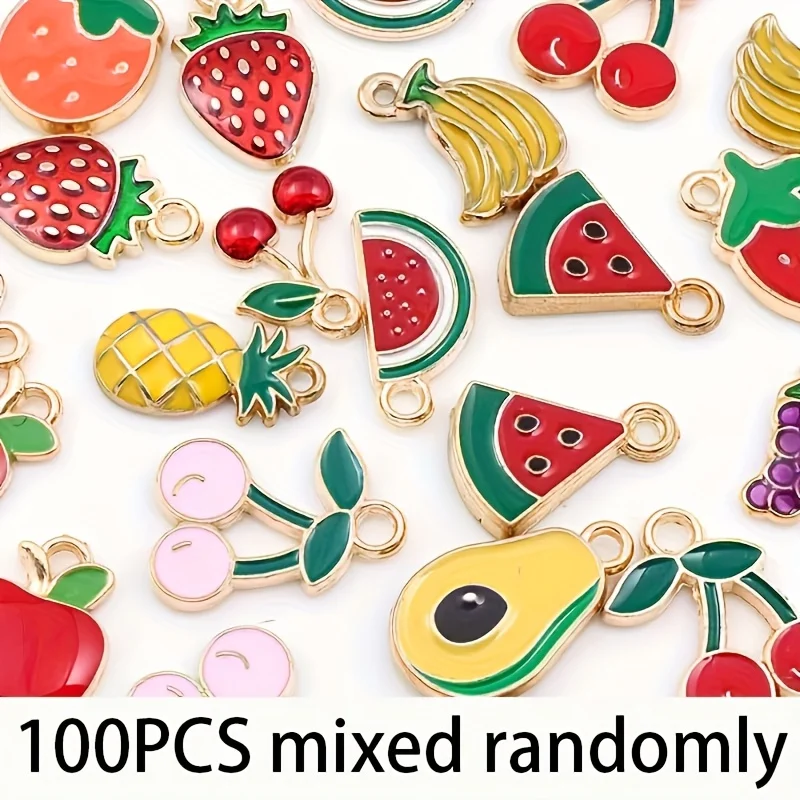 

100 pieces of random enamel metal fruit-themed pendants, suitable for DIY necklace, bracelet and earring jewelry manufacturing.