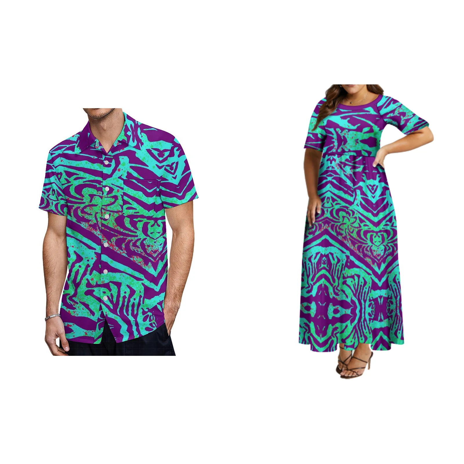 2024 New Woman Medium Sleeve Round Neck Dress Man Hawaii Short Sleeve Shirt Couple Matching Polynesian Wear Samoa Style