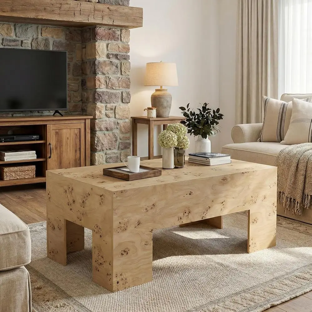 

Wood Coee Table, 47.24" ern Center Table with Burl Wood Veneer, Low RecTea Table with Sturdy Legs or Living Room, Oice Retion, E