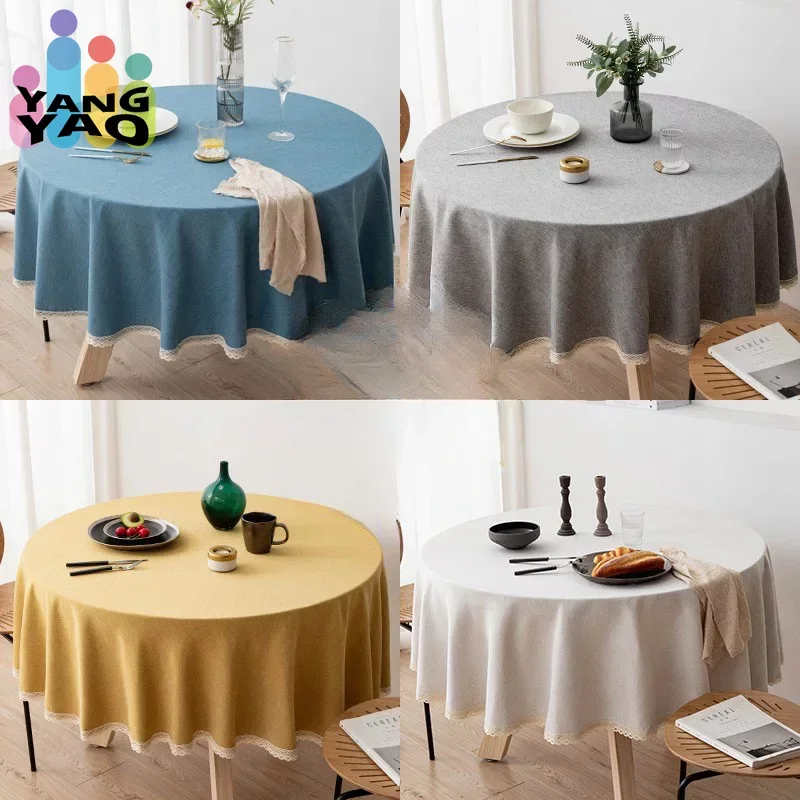 Modern Minimalist Linen Solid Round Tablecloth Handmade Lace Thickened Table Cloths Waterproof Dustproof No Odor Table Cover