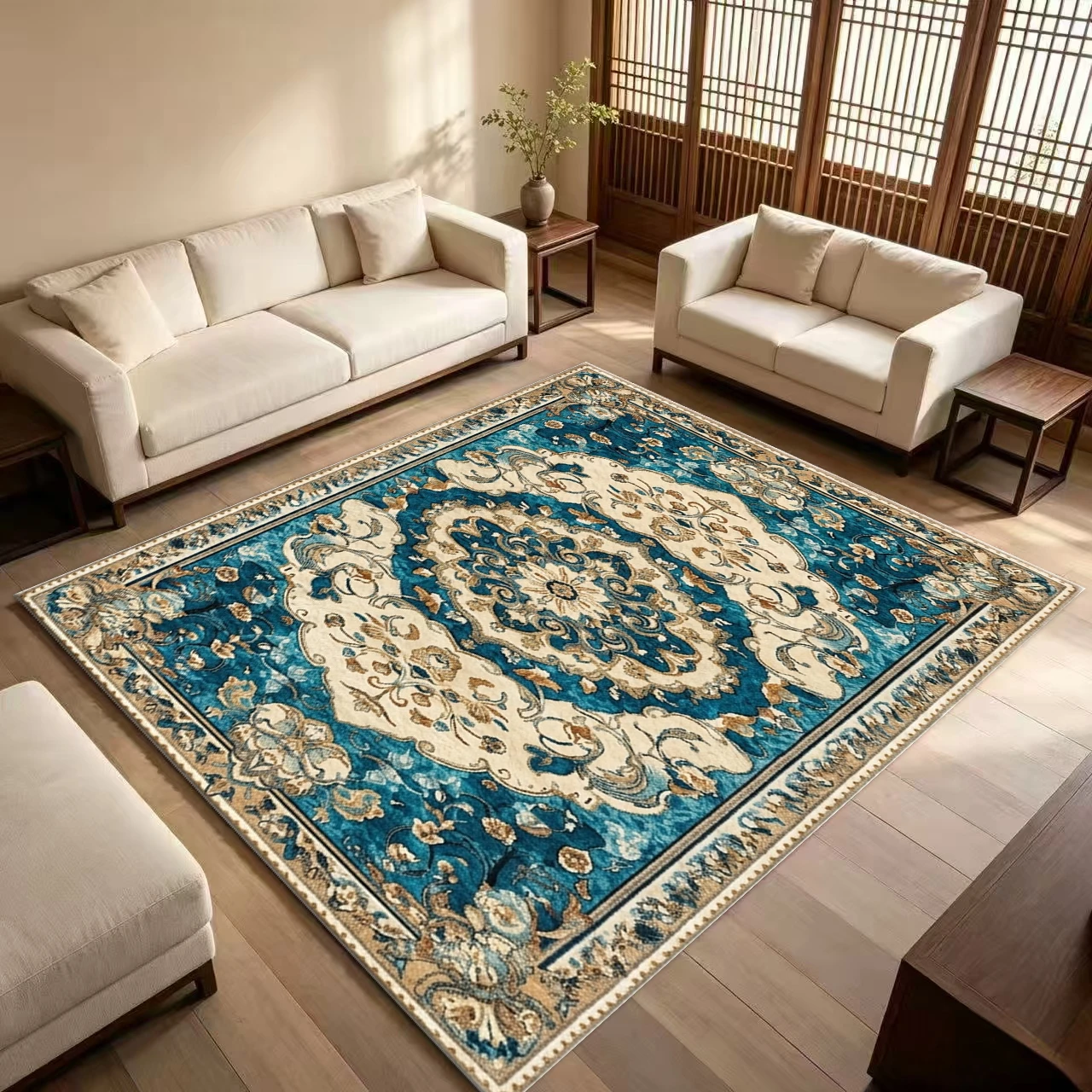 Classic Medal Pattern Oriental Style Carpet, Luxurious Vintage Large Carpet, Suitable for Living Room, Bedroom, Home Decoration