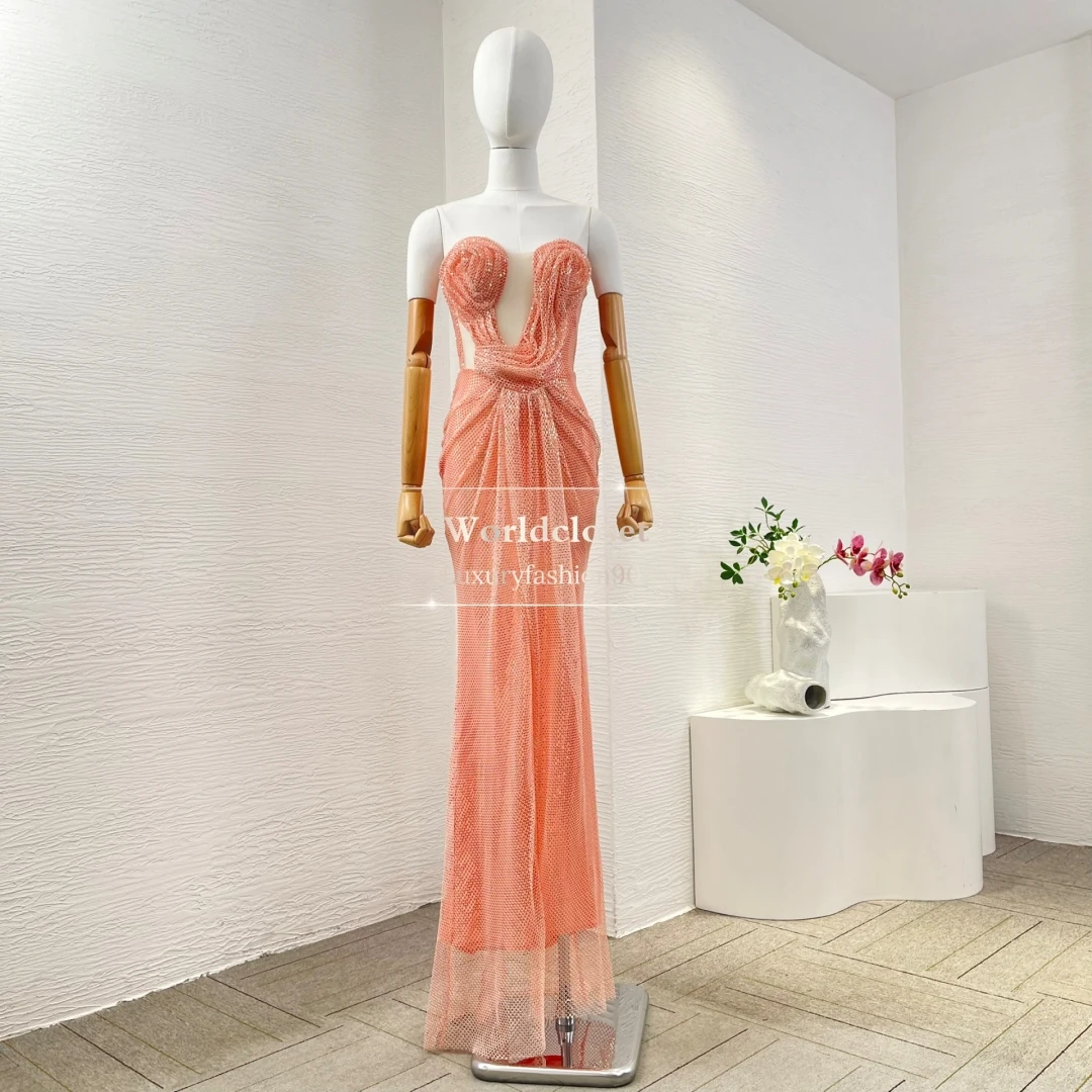 

2025 New Beautiful Pink Sleeveless Backless Mesh Hollow Out Diamonds Maxi Dress