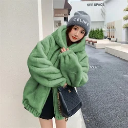 2024 Winter New Hooded Rabbit Hair Imitation Mid length Fur Coat Korean Version Loose Thickened Plush Coat Women Solid Commuter