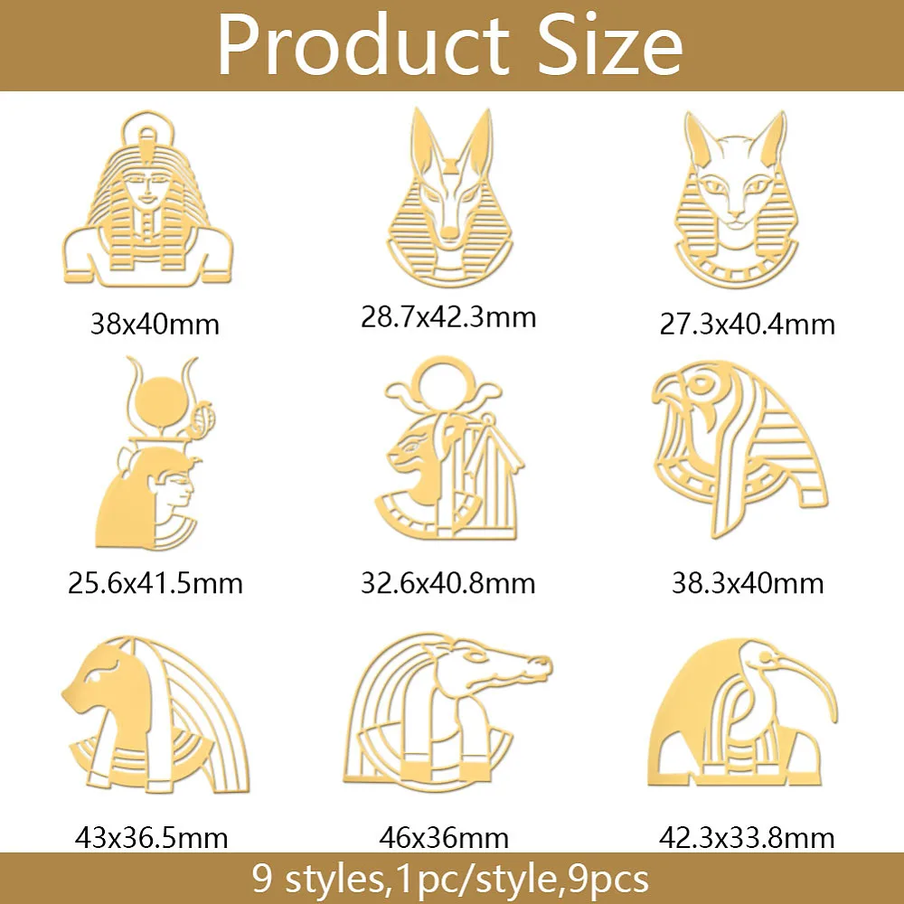 9pcs 1.6x1.6 Inch Anubis Egyptian God Stickers Golden Metal Sticker Self-Adhesive Decorative Decals Scrapbook Edge Metal