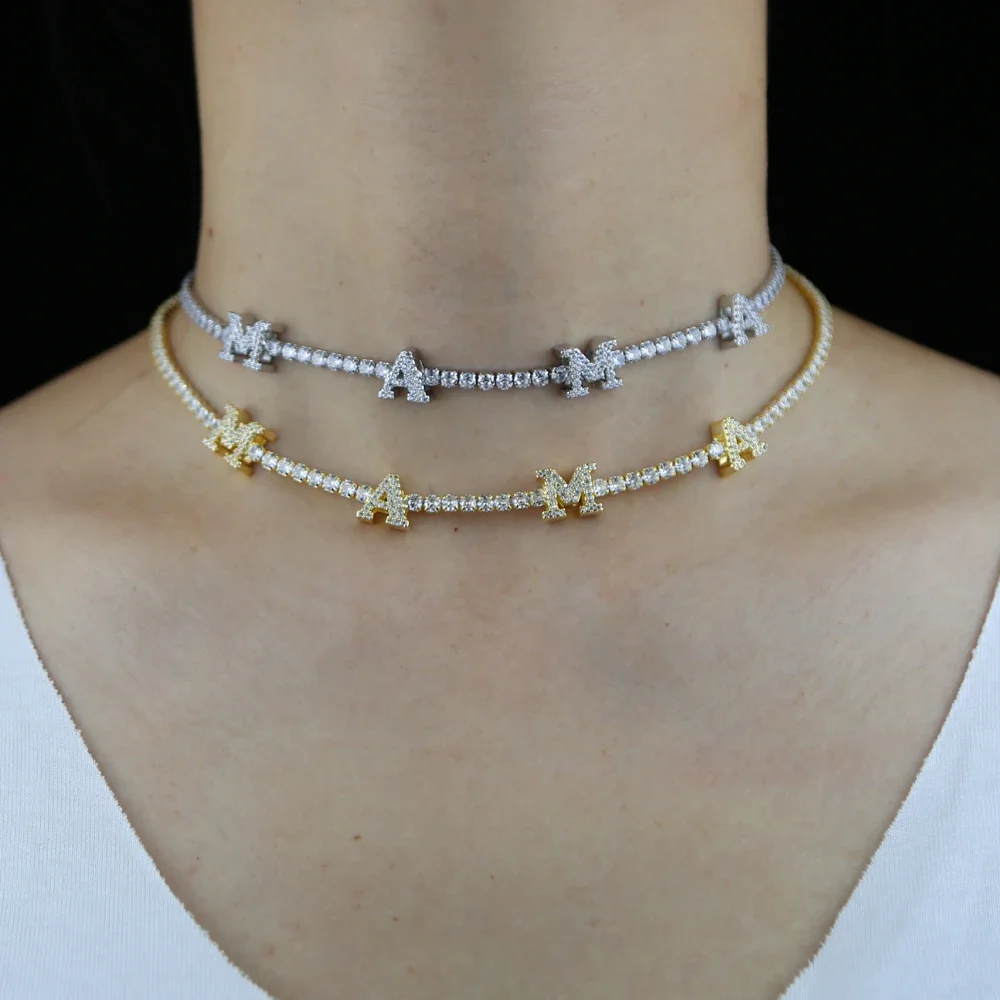 New Fashion Mother Day Gift Jewelry 3mm CZ Tennis Chain Necklace Paved MAMA Letter Initial Choker Necklace Jewelry