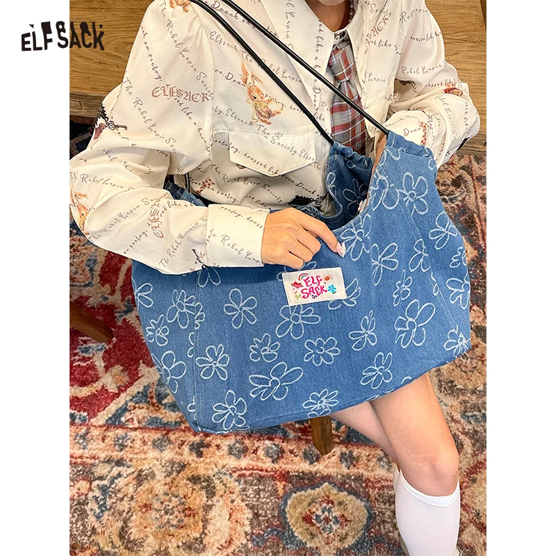 Elfsack 2025 outono nova chegada brincalhão completo floral impressão bolsa de ombro para mulher