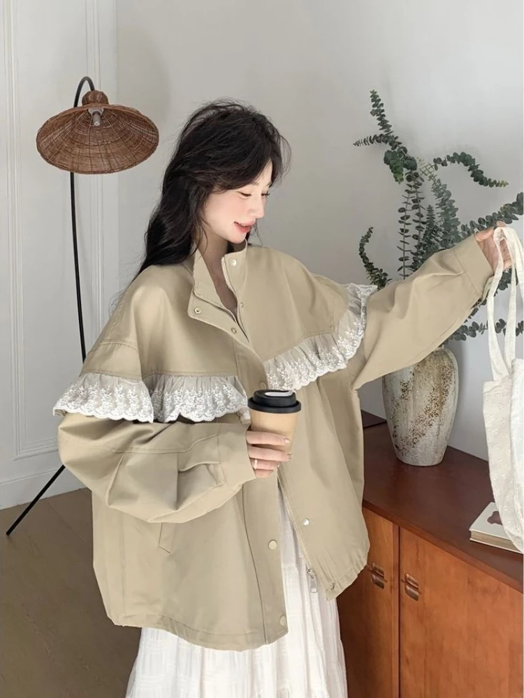 

Women's Khaki Lace Trim Korean Style Casual Jacket 2025 Spring Autumn New Arrival Fashion Design Outerwear