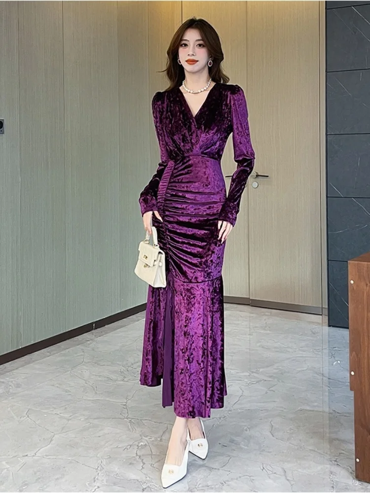 SMTHMA New Autumn Fashion Style Sexy V-Neck Gold Velvet Long Dress Women\'s Full Sleeve Mid-Length Elegant Dresses