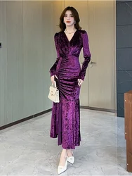 SMTHMA New Autumn Fashion Style Sexy V-Neck Gold Velvet Long Dress Women's Full Sleeve Mid-Length Elegant Dresses